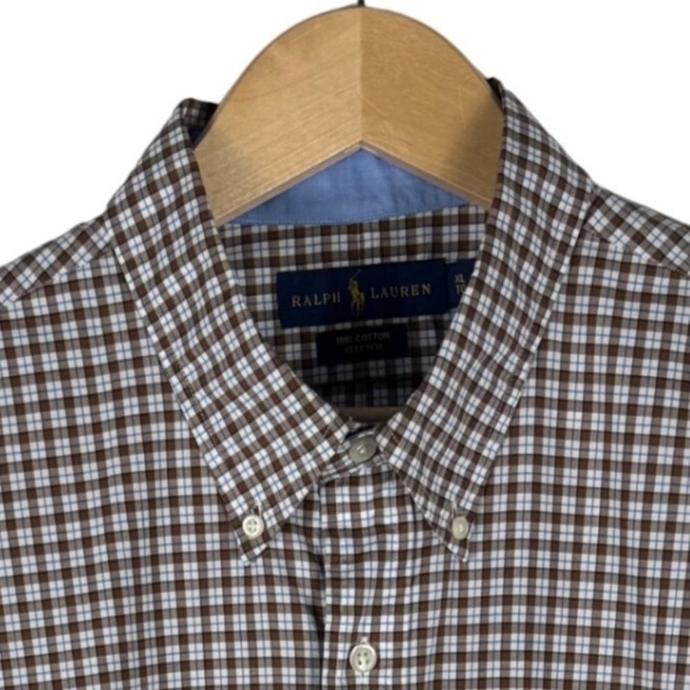 Ralph Lauren Tattersall Check Cotton Stretch Shirt Men XL Brown Button Down Pony